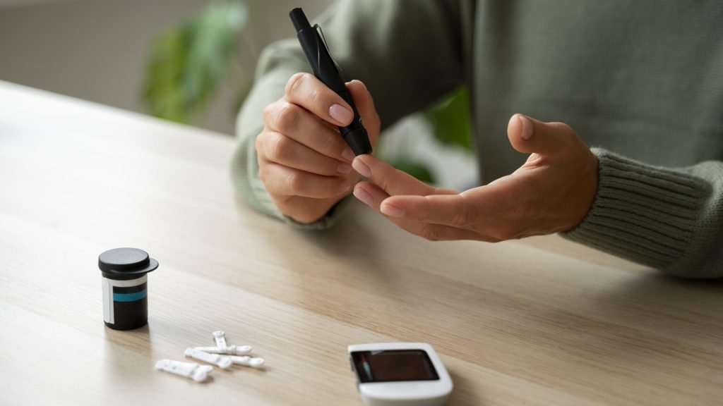 side-view-diabetic-woman-checking-her-glucose-level side-view-diabetic-woman-checking-her-glucose-level
